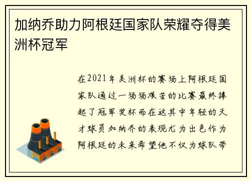 加纳乔助力阿根廷国家队荣耀夺得美洲杯冠军